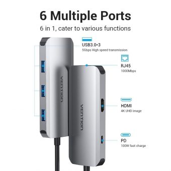 Vention 6-in-1 USB-C Docking Station 0.15m Grey Aluminum TOHHB - Image 2