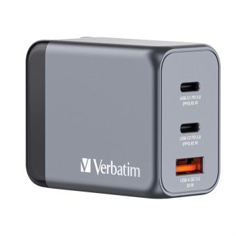 Verbatim GNC-65 GaN Charger Χωρίς Καλώδιο 2xUSB-C, 1xUSB-A PD 65W EU,UK,US Grey 32201