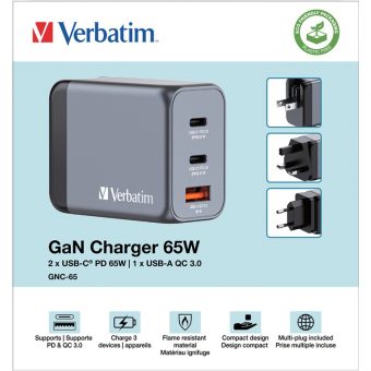 Verbatim GNC-65 GaN Charger Χωρίς Καλώδιο 2xUSB-C, 1xUSB-A PD 65W EU,UK,US Grey 32201 - Image 4