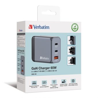 Verbatim GNC-65 GaN Charger Χωρίς Καλώδιο 2xUSB-C, 1xUSB-A PD 65W EU,UK,US Grey 32201 - Image 5