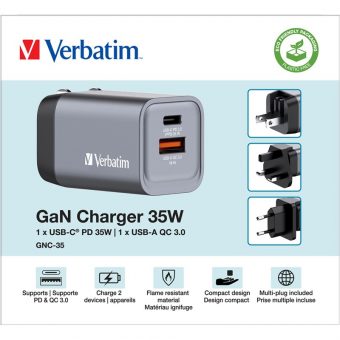 Verbatim GNC-355 GaN Charger Χωρίς Καλώδιο 1xUSB-C, 1xUSB-A PD 35W EU,UK,US Grey 32200 - Image 4