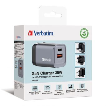 Verbatim GNC-355 GaN Charger Χωρίς Καλώδιο 1xUSB-C, 1xUSB-A PD 35W EU,UK,US Grey 32200 - Image 5