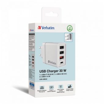 Verbatim CHR-30EU2 USB Charger 1xUSB-C PD 20W, 1xUSB-A QC 3.0, 2xUSB-A 10W White 49701 - Image 3