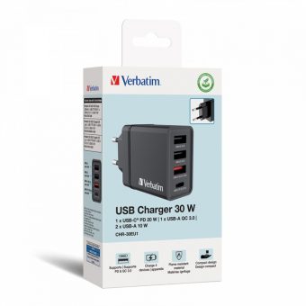 Verbatim CHR-30EU1 USB Charger 1xUSB-C PD 20W, 1xUSB-A QC 3.0, 2xUSB-A 10W Black 49700 - Image 3