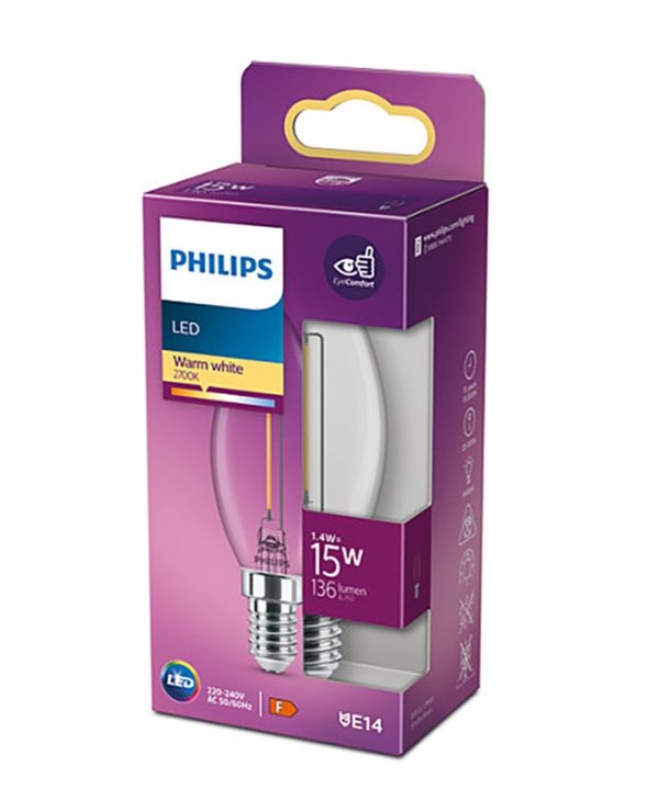 Philips E14 LED Warm White Filament Candle Bulb 1.4W LPH02423