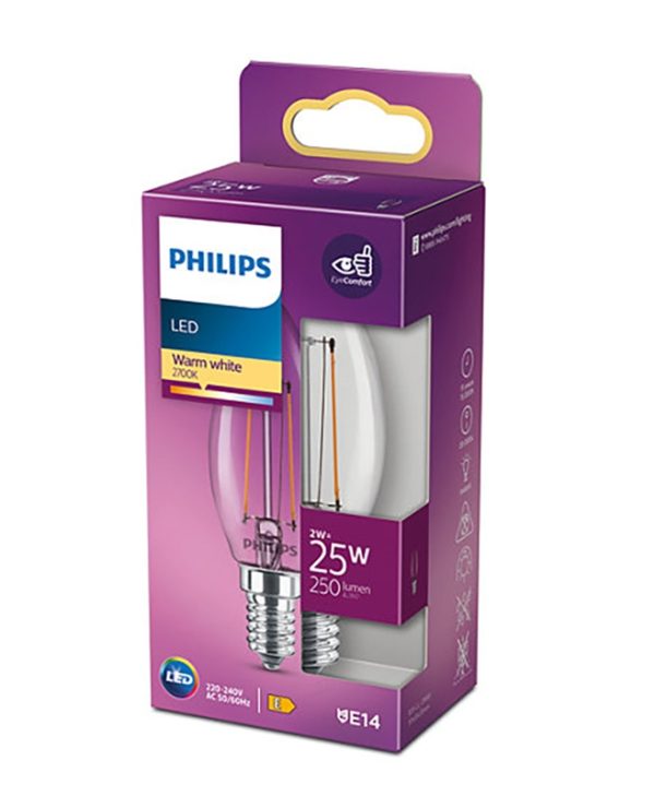 Philips E14 LED Warm White Filament Candle Bulb 2W LPH02435