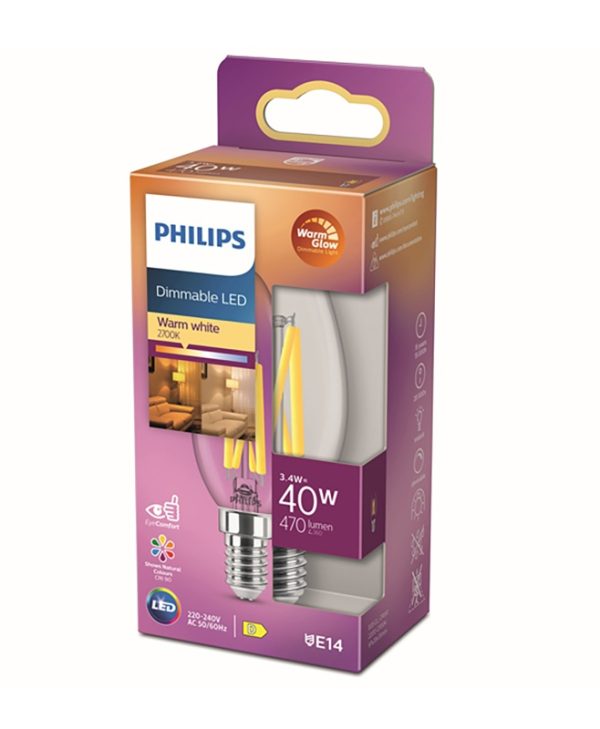 Philips E14 LED WarmGlow Filament Candle Bulb 3.4W LPH02559