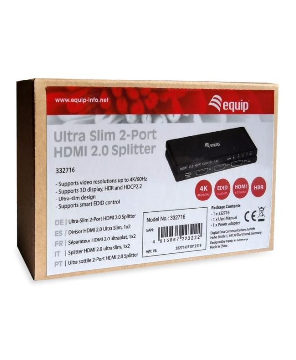 Equip 2 Port HDMI 2.0 Splitter Ultra Slim 4K/60Hz 332716