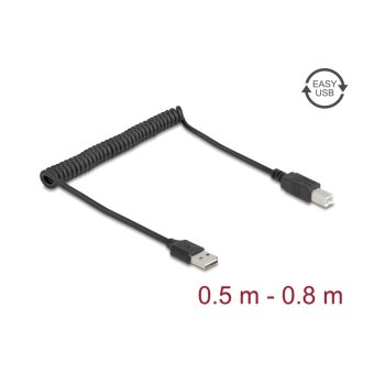 DELOCK (Coiled) EASY-USB Type-A Male – EASY-USB Type-B Male Cable 0.50 m – 0.80 m Black 90130