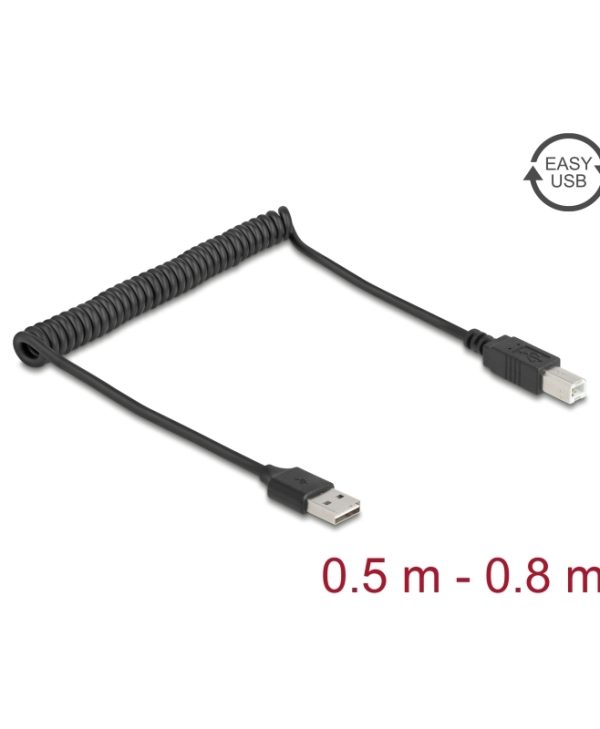 DELOCK (Coiled) EASY-USB Type-A Male – EASY-USB Type-B Male Cable 0.50 m – 0.80 m Black 90130