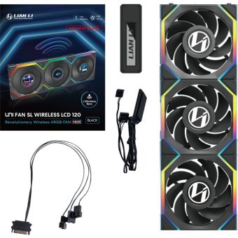 Lian Li Uni Fan SL Wireless LCD 120 ARGB 12cm Case Fan Reverse Edition Triple pack + Controller Black G99.12RSLLCD1W3B.00