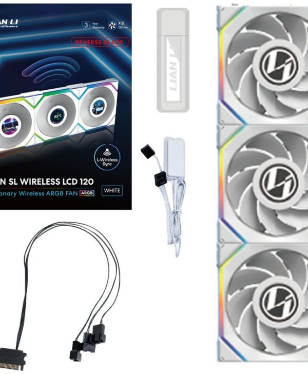 Lian Li Uni Fan SL Wireless LCD 120 ARGB 12cm Case Fan Reverse Edition Triple pack + Controller White G99.12RSLLCD1W3W.00