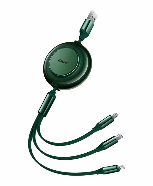 Baseus Cable Mirror 2 Flat Retractable USB Type-A Male / USB Type-C Male/ Lightning/ MicroUSB 3.5 A 1.10 m Green CAMJ010006