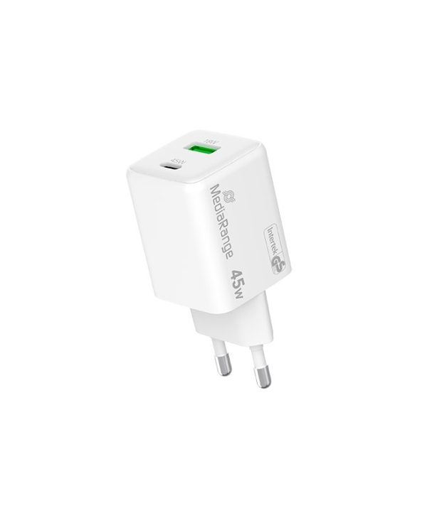 MediaRange 45W GaN Fast Charging Adapter 1xUSB-C & 1xUSB-A White MRMA113-2