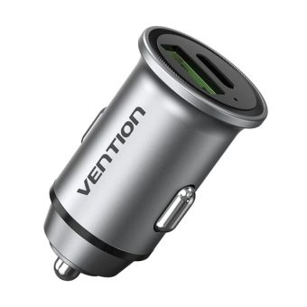Vention Mini Style Aluminium Car Charger 1XUSB-A, 1XUSB-C PD20W Gray FFBH0
