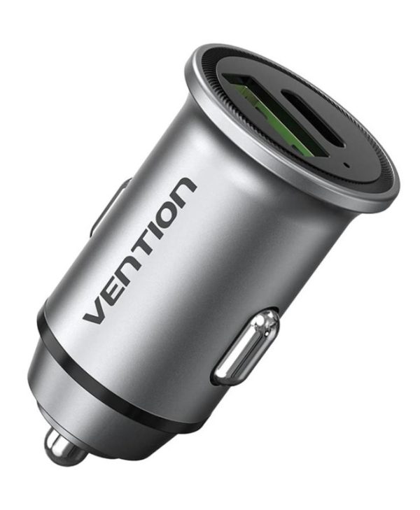 Vention Mini Style Aluminium Car Charger 1XUSB-A, 1XUSB-C PD20W Gray FFBH0