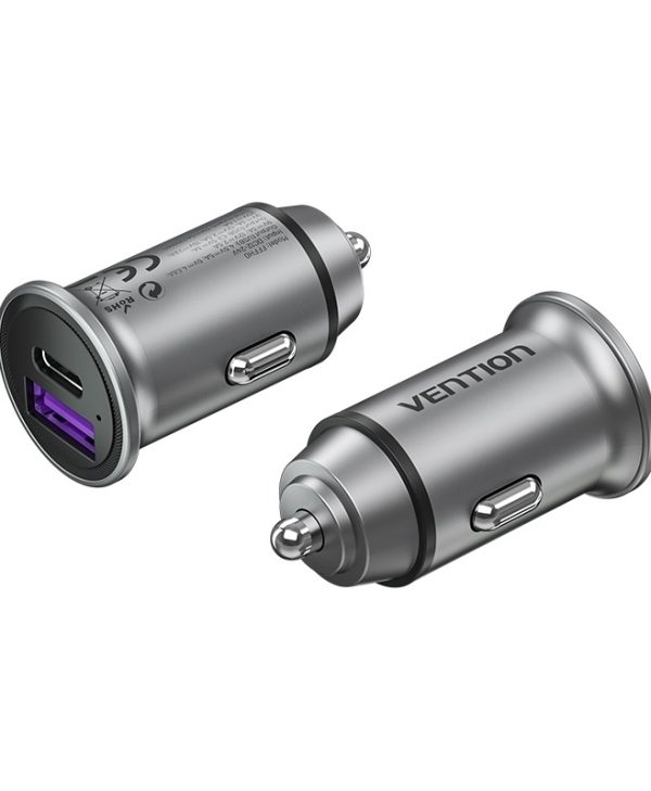 Vention Mini Style Aluminium Alloy Type Car Charger 1XUSB, 1XUSB-C PD30W Gray FFFH0