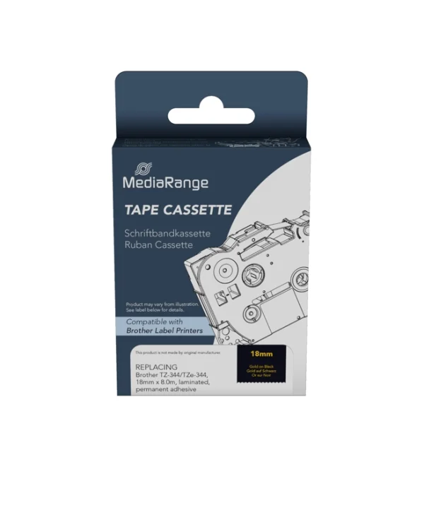 Mediarange MRBTZ344 Ετικέτες Γενικής Χρήσης για Brother TZ-344/TZe-344 18mm, 8m, Laminated and Permanent Adhesive, Gold on Black