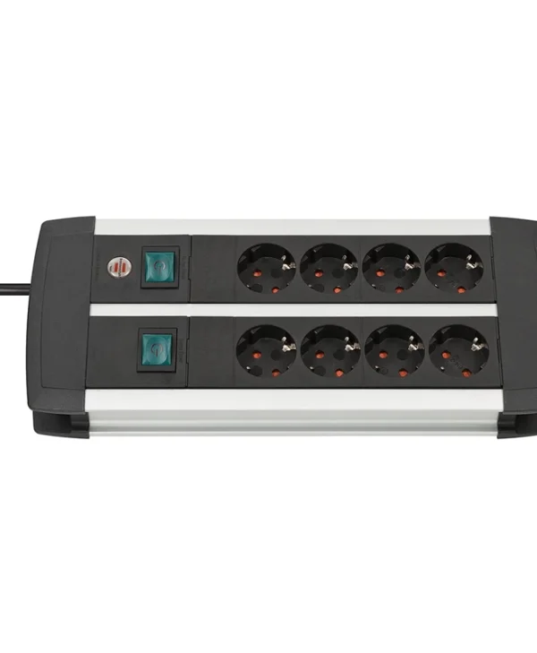 Brennenstuhl Premium-Alu-Line Duo Πολύπριζο 8 θέσεων με 2 διακόπτες, καλώδιο 3m, Μαύρο/Ασημί (H05VV-F 3G1.5, 1391000908)
