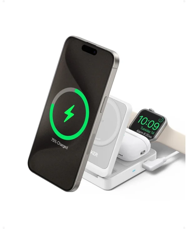 Anker MagGo 3in1 Wireless Charging Base Qi2 15W for iPhone/Apple Watch/AirPods White B2557321