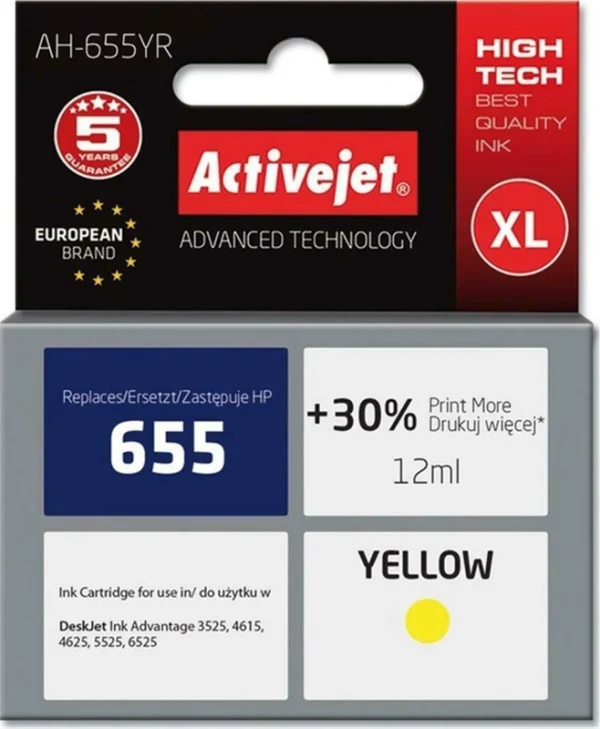 Active Jet Συμβατό Μελάνι Εκτυπωτή InkJet HP 655 CZ112AE 600 Σελίδων 12ml Κίτρινο 1τμχ AH-655YR