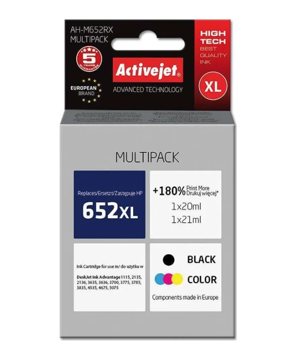 Active Jet Πακέτο Συμβατών Μελανιών Εκτυπωτή InkJet HP 652XL F6V24AE 20ml Πολλαπλό (Color) / Μαύρο 2τμχ AH-M652RX