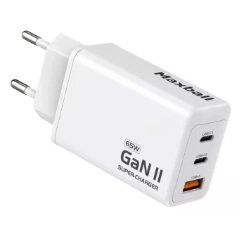 Maxball Φορτιστής Χωρίς Καλώδιο GaN με Θύρα USB-A και 2 Θύρες USB-C 65W Λευκός (T826) OKT826-PD65W-CCA