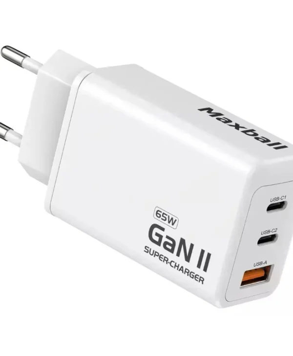 Maxball Φορτιστής Χωρίς Καλώδιο GaN με Θύρα USB-A και 2 Θύρες USB-C 65W Λευκός (T826) OKT826-PD65W-CCA