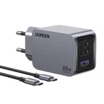 Ugreen Φορτιστής GaN με Θύρα USB-A και 2 Θύρες USB-C και Καλώδιο USB-C - USB-C 65W Power Delivery / Quick Charge 4.0 Γκρι (Nexode Pro) 25871