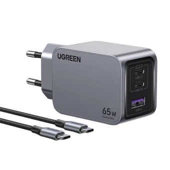 Ugreen Φορτιστής GaN με Θύρα USB-A και 2 Θύρες USB-C και Καλώδιο USB-C - USB-C 65W Power Delivery / Quick Charge 4.0 Γκρι (Nexode Pro) 25871