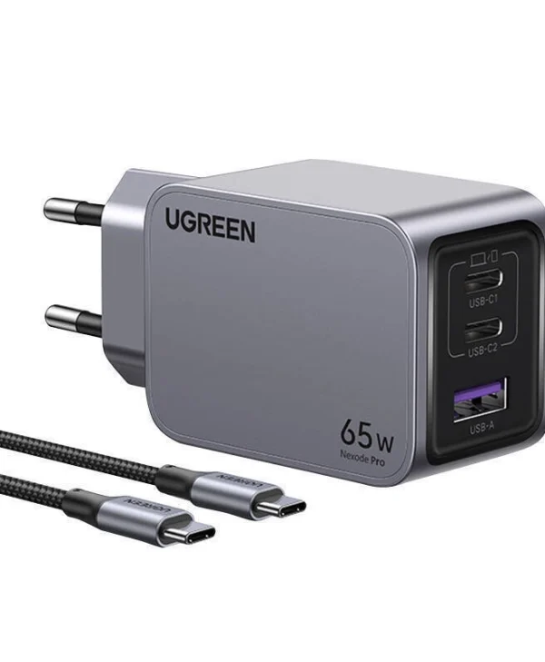 Ugreen Φορτιστής GaN με Θύρα USB-A και 2 Θύρες USB-C και Καλώδιο USB-C - USB-C 65W Power Delivery / Quick Charge 4.0 Γκρι (Nexode Pro) 25871