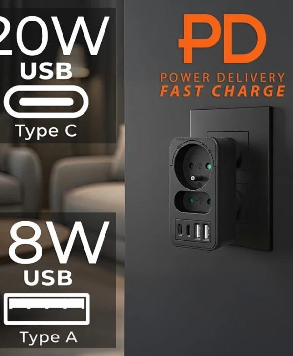 Maclean Energy Πολύπριζο Γαλλικό SHUKO 2 Θέσεων με 2 USB-A και 2 USB-C Χωρίς Καλώδιο MCE249 F/B