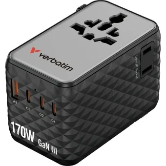 Verbatim Φορτιστής Χωρίς Καλώδιο GaN με Θύρα USB-A και 3 Θύρες USB-C 170W Power Delivery Μαύρος (30190)