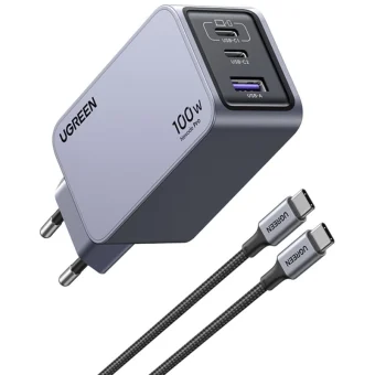 Ugreen Φορτιστής GaN με Θύρα USB-A και 2 Θύρες USB-C και Καλώδιο USB-C - USB-C 100W Power Delivery / Quick Charge 4+ Γκρι (Nexode Pro) 25874