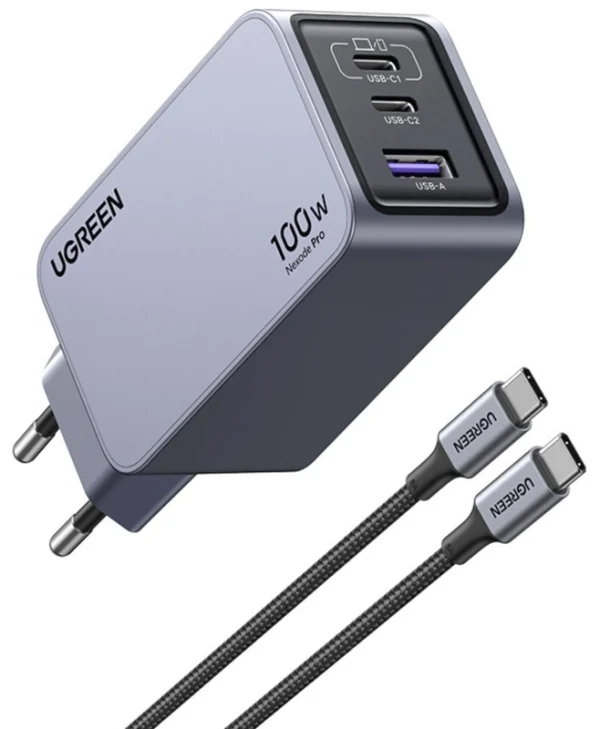 Ugreen Φορτιστής GaN με Θύρα USB-A και 2 Θύρες USB-C και Καλώδιο USB-C - USB-C 100W Power Delivery / Quick Charge 4+ Γκρι (Nexode Pro) 25874