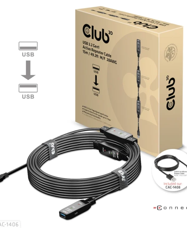 Club3D USB 3.1 Cable USB-A male - USB-A female Μαύρο 15m CAC-1406