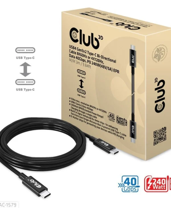 Club3D USB 2.0 Cable USB-C male - USB-C 240W Μαύρο 3m CAC-1579