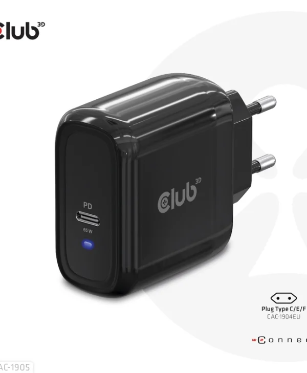 Club3D Φορτιστής Χωρίς Καλώδιο με Θύρα USB-C 65W Power Delivery Μαύρος (CAC-1905EU)