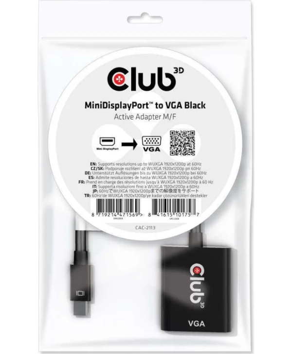 Club3D MiniDisplayPort to VGA Black Active Adapter M/F Μετατροπέας mini DisplayPort male σε VGA female 1τμχ CAC-2113