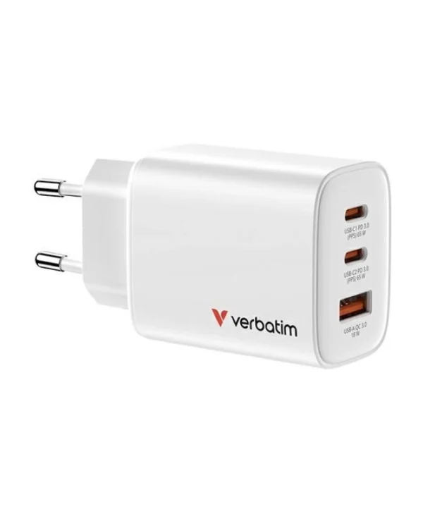 Verbatim Φορτιστής Χωρίς Καλώδιο GaN με Θύρα USB-A και 2 Θύρες USB-C 65W Power Delivery / Quick Charge 3.0 Λευκός (Essentials) 32353