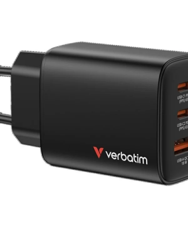 Verbatim Φορτιστής Χωρίς Καλώδιο GaN με Θύρα USB-A και 2 Θύρες USB-C 65W Power Delivery / Quick Charge 3.0 Μαύρος (Essentials) 32352