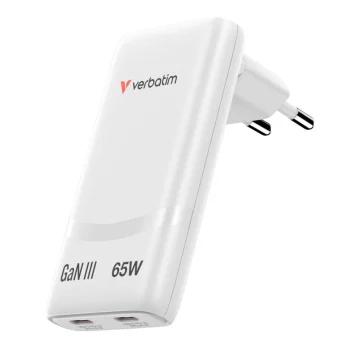 Verbatim Φορτιστής Χωρίς Καλώδιο GaN με 2 Θύρες USB-C 65W Λευκός (Fold 'n' Go) 32355