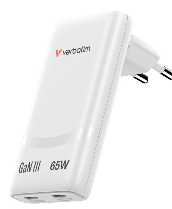 Verbatim Φορτιστής Χωρίς Καλώδιο GaN με 2 Θύρες USB-C 65W Λευκός (Fold 'n' Go) 32355