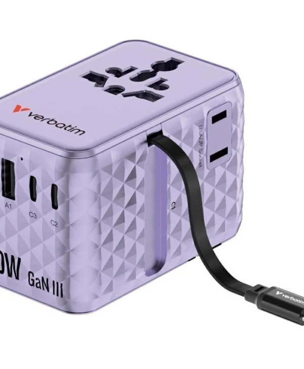 Verbatim Φορτιστής GaN με 2 Θύρες USB-A και 2 Θύρες USB-C και Καλώδιο USB-C 100W Power Delivery / Quick Charge 4+ Μωβ (Charge 'n' Travel) 30193