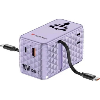 Verbatim Φορτιστής GaN με Θύρα USB-A και Θύρα USB-C και Καλώδιο USB-C 70W Power Delivery / Quick Charge 4+ Μωβ (Charge 'n' Travel) 30188