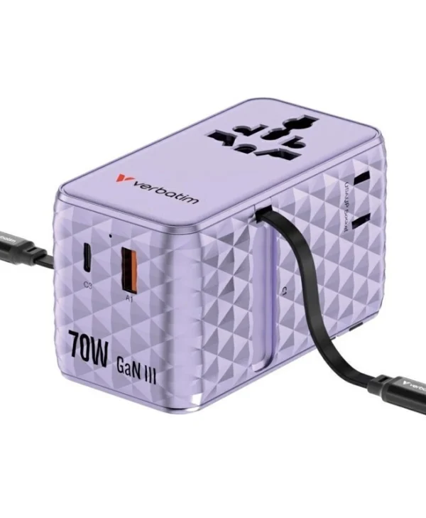 Verbatim Φορτιστής GaN με Θύρα USB-A και Θύρα USB-C και Καλώδιο USB-C 70W Power Delivery / Quick Charge 4+ Μωβ (Charge 'n' Travel) 30188