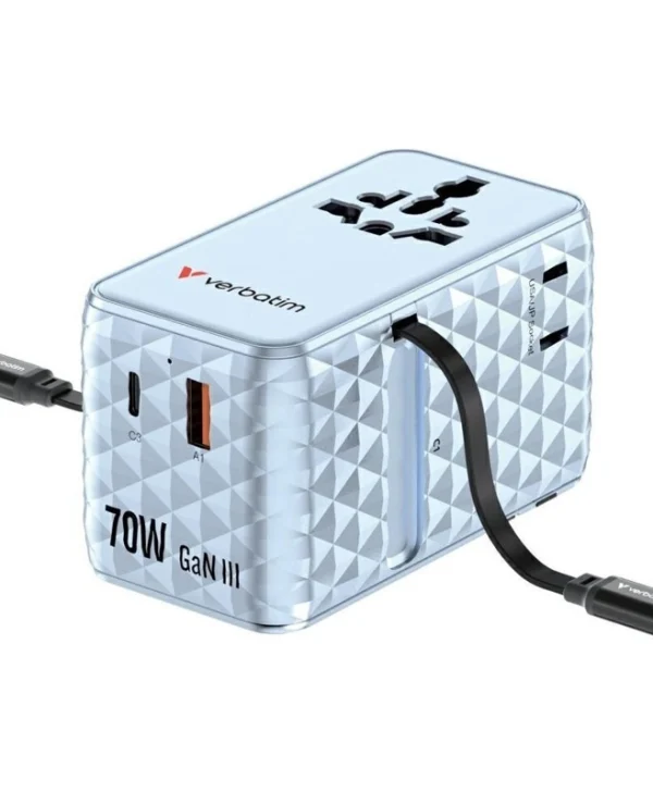 Verbatim Φορτιστής GaN με Θύρα USB-A και Θύρα USB-C και Καλώδιο USB-C 70W Power Delivery / Quick Charge 4+ Μπλε (Charge 'n' Travel) 30187