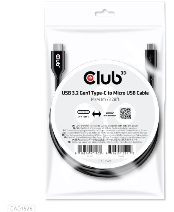 Club3D USB 2.0 Cable USB-C male - micro USB-B Μαύρο 1m (CAC-1526)