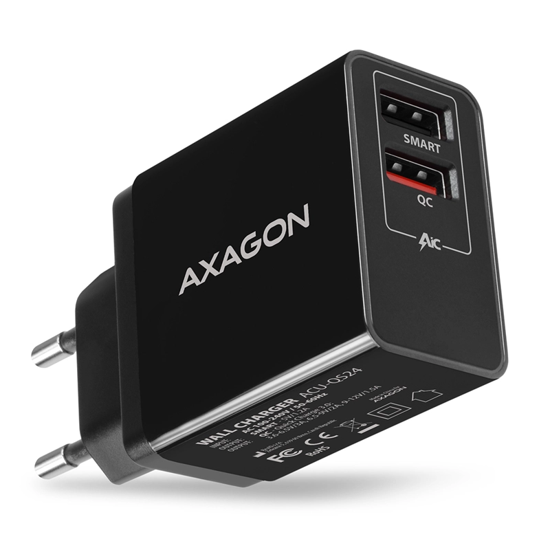 1 Axagon Φορτιστής Χωρίς Καλώδιο με 2 Θύρες USB-A Quick Charge 3.0 Μαύρος (ACU-QS24) - Image 1