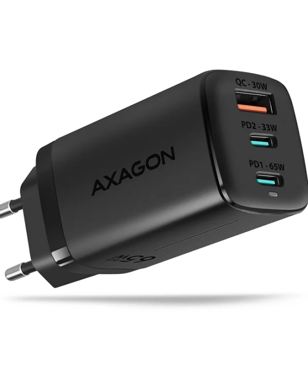 Axagon Φορτιστής Χωρίς Καλώδιο GaN με Θύρα USB-A και 2 Θύρες USB-C 65W Power Delivery / Quick Charge 3.0 Μαύρος (ACU-DPQ65)